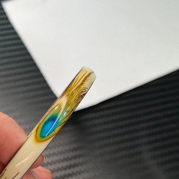 Vintage Enamel Peacock Feather Bangle Gold-Tone Bracelet Cream Blue Green - Picture 5 of 11